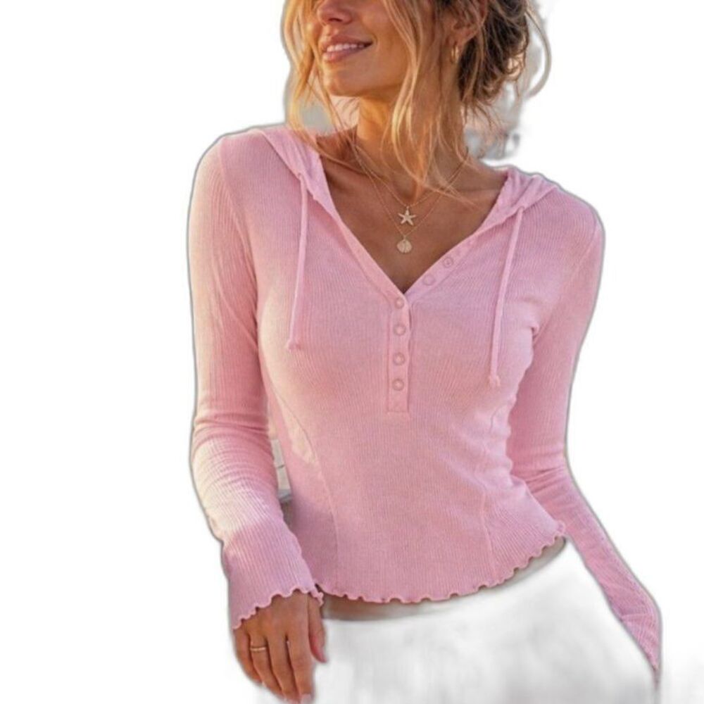 Mono B Women's Pink Ribbed Knit Snap Front Henley Hooded LS Top Size L
